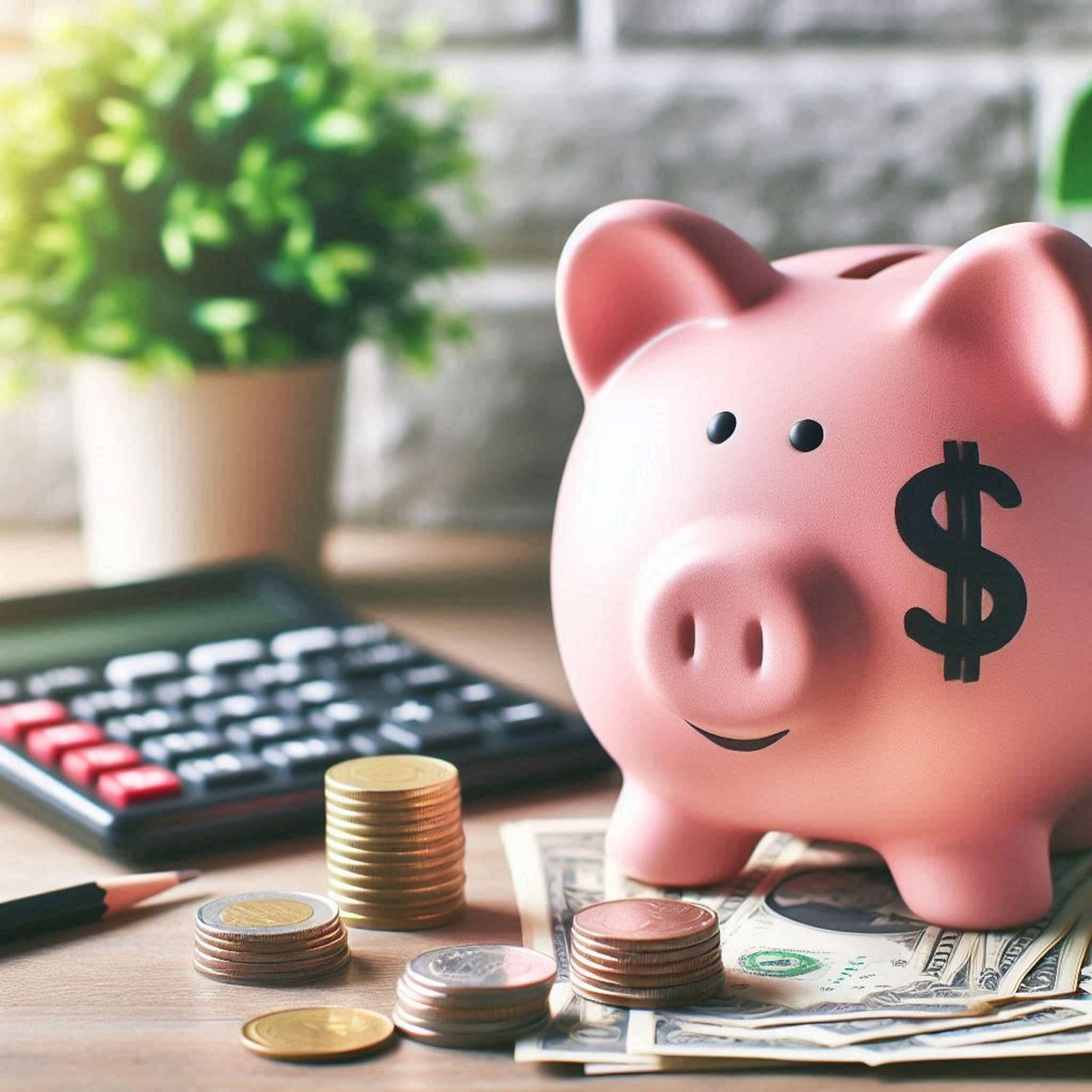Pink piggy bank with coins and calculator for IT budget webinar
