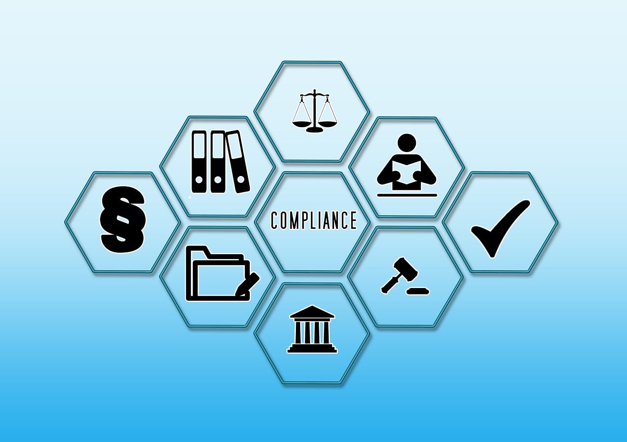 Compliance hexagon diagram with legal icons for webinar cover